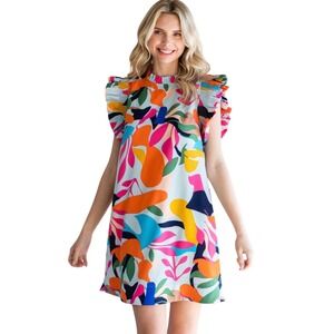 Hudson Gray Womens Dress Multi Color Smocked Ruffle Cap Sleeve Vacation Size M